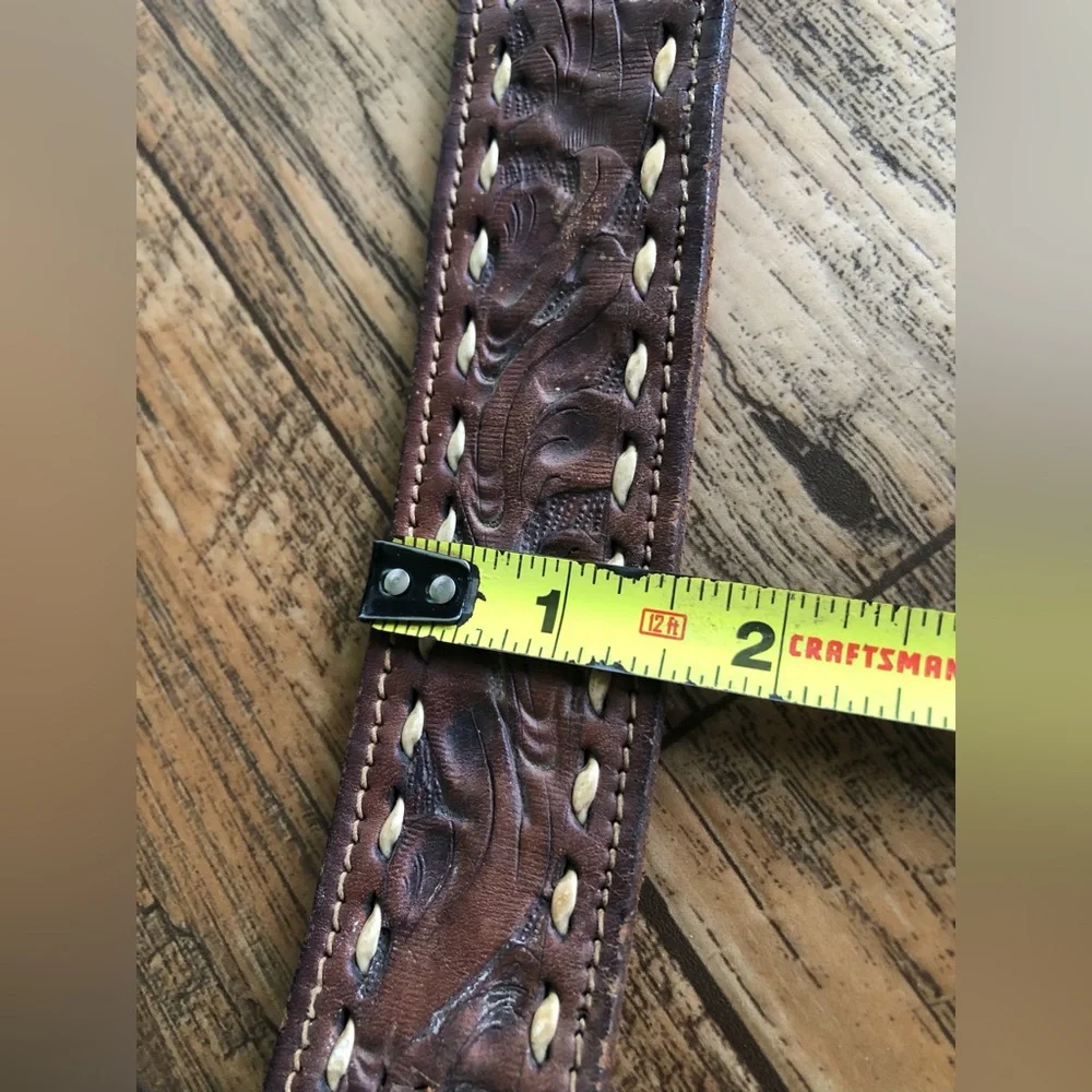 Mens Western Leather Cowboy Belt Silver Tone Buckle Embossed 39” Long Rodeó